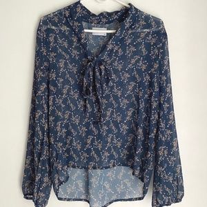 Sam & Lavi 100% Silk Blue Floral Semi Sheer Tie Neck Blouse [US XS]
